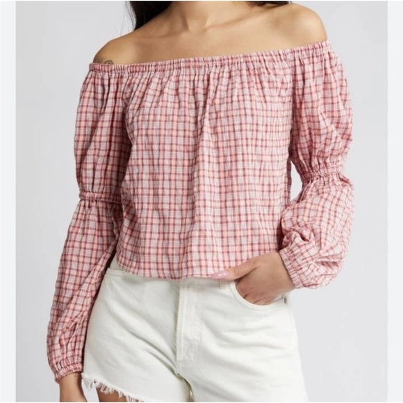 NWT Topshop Womens Off Shoulder Top Sz 4 Seersucker Elastic Wrist-Arm Plaid Pink - Picture 1 of 5